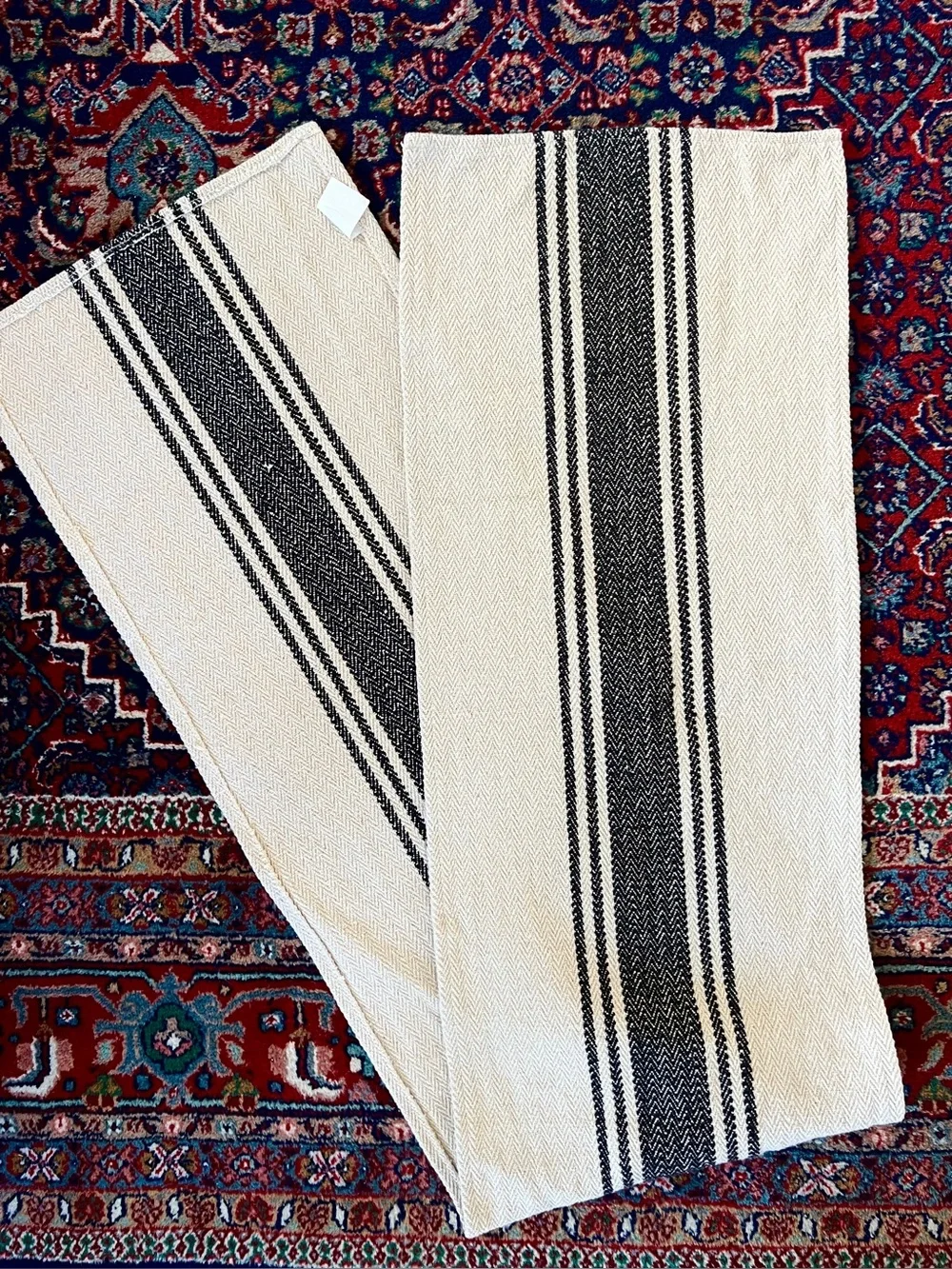 Farmhouse navy blue white woven cotton table runner French grain sack Magnolia